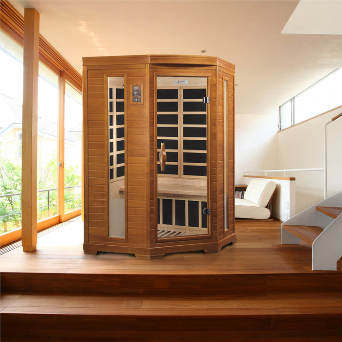 Dynamic "Heming" FAR Infrared Sauna Corner Unit with Hemlock Wood  Model: DYN-6225-02