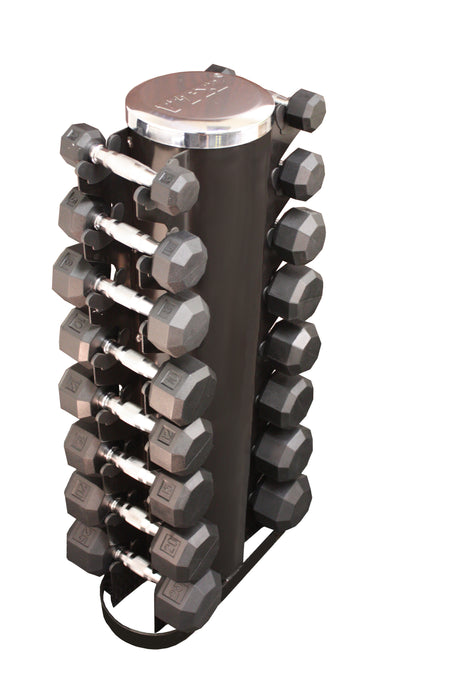 USA 5-30 lb Rubber Hex Dumbbells Set with Vertical Rack - VERTPAC-HDR30G