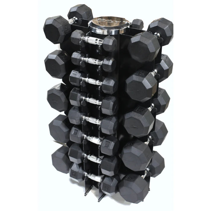 VTX 8-Sided Rubber Encased 3-50lb Dumbbell Set with Vertical Rack - VERTPAC-SDR50G