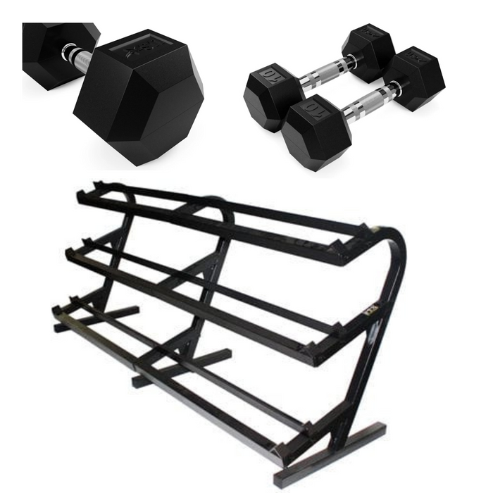 USA 5-100lb Rubber Encased Hex Dumbbells with Rack - VERTPAC-HDR100