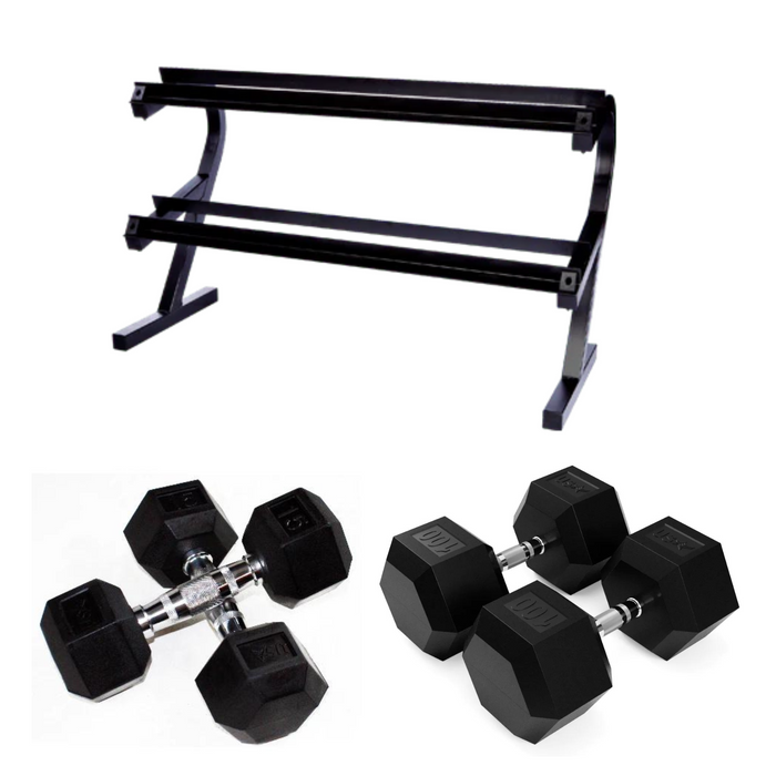 USA 5-50lbs Rubber Hex Dumbbells with Rack - VERTPAC-HDR50