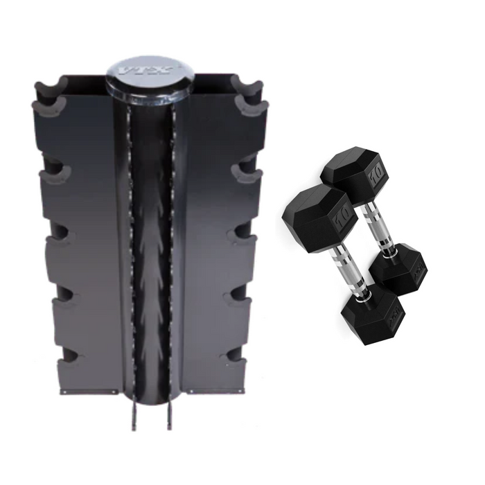 USA 3-50lb Rubber Hex Dumbbell Set with Vertical Rack - VERTPAC-HDR50G