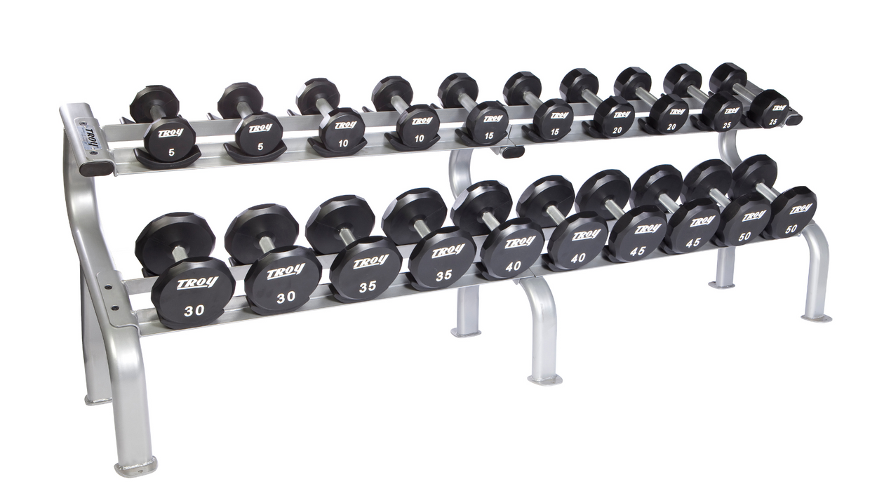 TROY 12-Sided Urethane Encased Dumbbell Set with storage rack  5-50lbs - COMMPAC-TSDU50