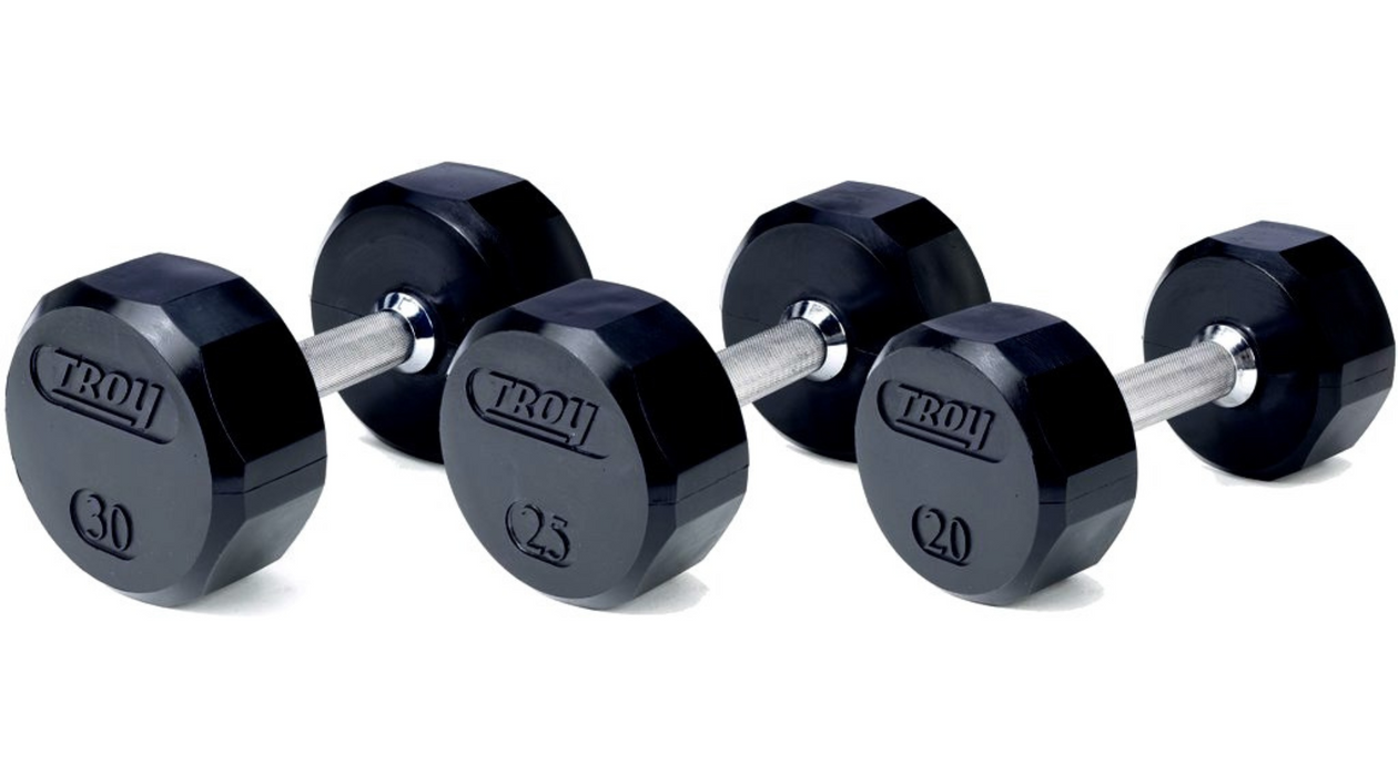 TROY 12 Sided Rubber Encased Dumbbell Set with storage racks  5-100lbs - COMMPAC-TSDR100