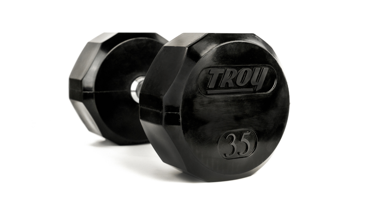 TROY 12 Sided Rubber Encased Dumbbell Set with Storage Rack  5-50lbs - COMMPAC-TSDR50