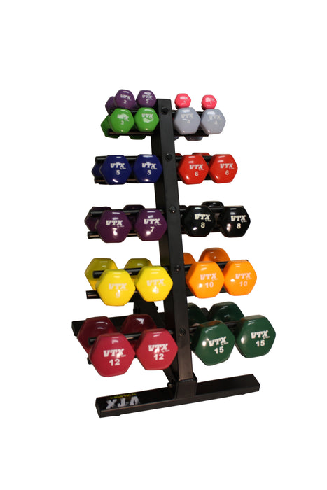 VTX 1-10lb Color Vinyl Dumbbell Set with Compact Floor Rack - THD-VPAC