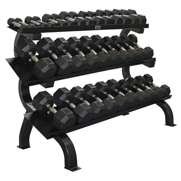 VTX by Troy 5-75 lb 8-Sided Rubber Encased Dumbbell Set with 3 Tier Shelf Rack - VERTPAC-SDR75